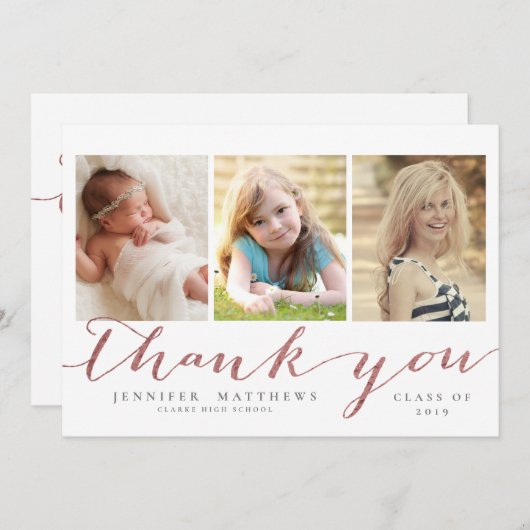 Foto-Abschluss des Rosen-Goldskript-3 danken Ihnen Dankeskarte (Vorne/Hinten)