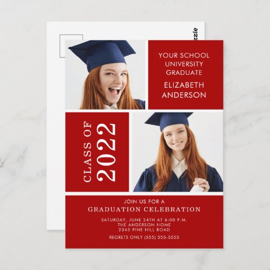 Foto Abschluss Einladung ~Klassisch Rot & Weiß Postkarte (Vorne/Hinten)