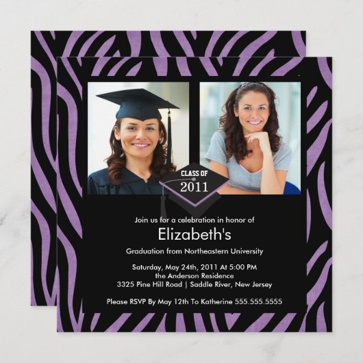 Foto Abschluss Einladung Lila Zebra Print (Vorne/Hinten)
