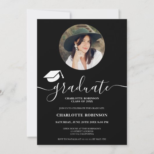 Foto Abschluss für Schwarze Graduierung Einladung (Vorderseite)