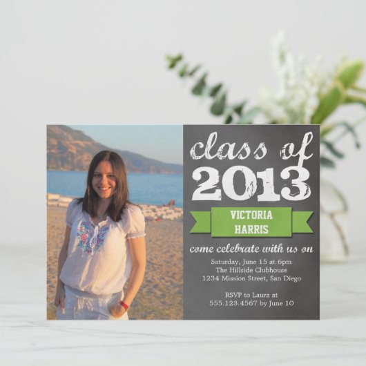 Foto-Abschluss mit grünem Banner Einladung (Stehend Vorderseite)