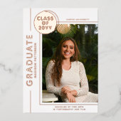 Foto Abschluss Moderne Script Rose Gold Folieneinladung (Vorderseite)