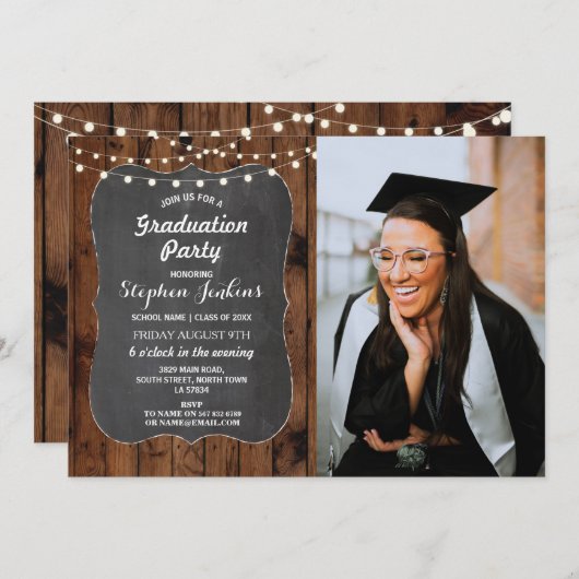 Foto-Abschluss-Party-rustikale Licht-Holz-Kreide Einladung (Vorne/Hinten)