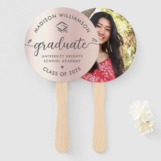 Foto Abschluss Rosa Rose Gold Script Harzen Cap Fächer (Vorne und Hinten)