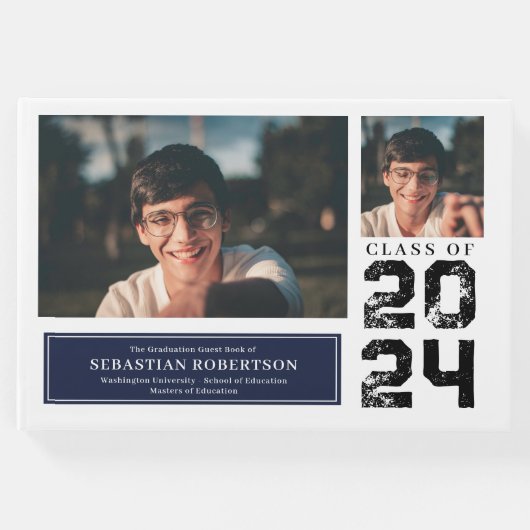 Foto Abschluss School Blue and White Guest Book Gästebuch (Vorderseite)