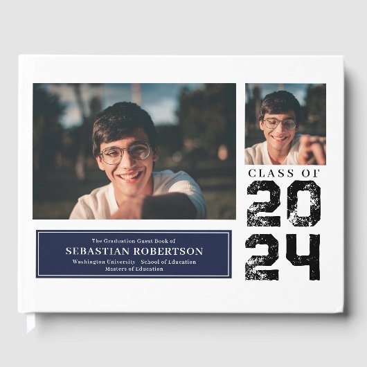 Foto Abschluss School Blue and White Guest Book Gästebuch (Vorderseite)