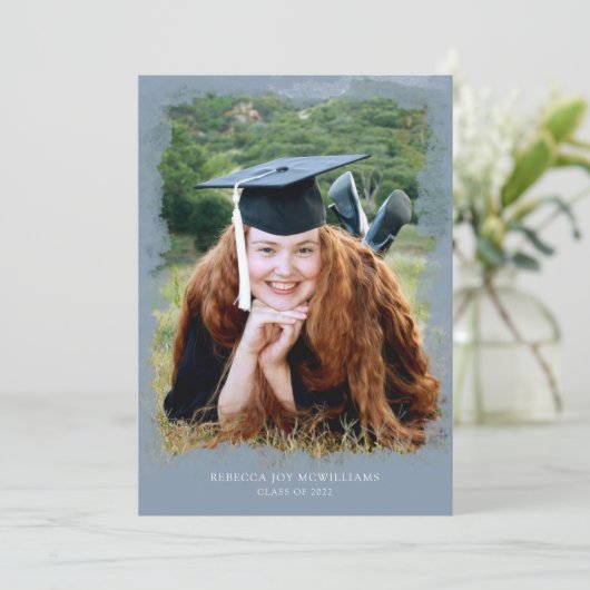 Foto-Abschlusseinladung, modernes staubiges Blau Einladung (Stehend Vorderseite)