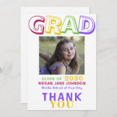 Foto Absolvent bunt 8. Klasse grad Typografie Dankeskarte (Vorne/Hinten)