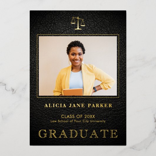 Foto Absolvent formalen Abschluss schwarzes Gold Folieneinladung (Vorderseite)