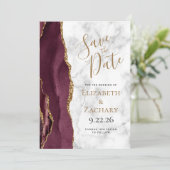 Foto Agate Burgundy Gold Marble Save the Date Einladung (Stehend Vorderseite)