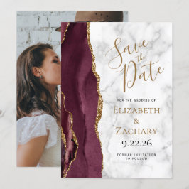Foto Agate Burgundy Gold Marble Save the Date Einladung