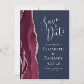 Foto Agate Burgundy Silver Navy Save the Date Einladung (Vorderseite)