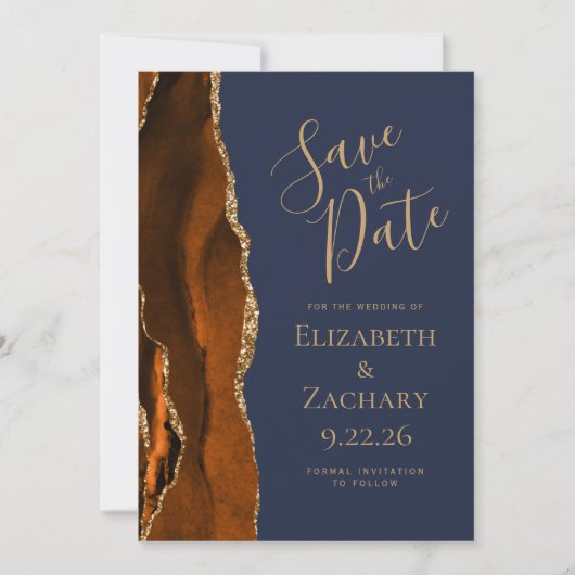 Foto Agate Burnt Orange Navy Blau Save the Date Einladung (Vorderseite)
