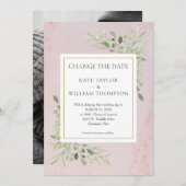 Foto Ändern Sie das Datum Grüne Blätter Rosa Marmo Save The Date (Vorne/Hinten)