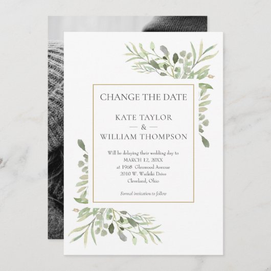 Foto Ändern Sie das Datum Wasserfarbengrün Blätter Save The Date (Vorne/Hinten)