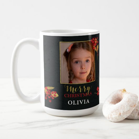 Foto anpassbare Weihnachtskarte, Schwarz Gold Rot Kaffeetasse (Mit Donut)