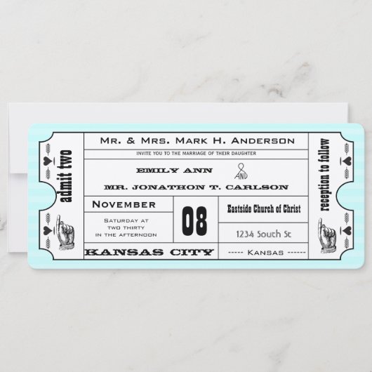 Foto Aqua Modern Typografy Ticket Wedding Einladung (Vorderseite)
