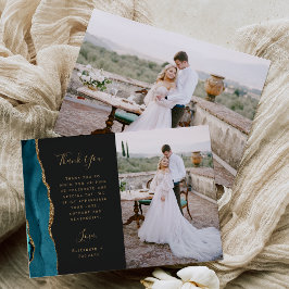 Foto Aquamarin Blue Agate Gold Script Hochzeit Dankeskarte
