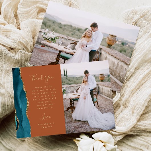 Foto Aquamarin Blue Agate Rust Gold Script Hochzei Dankeskarte