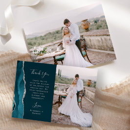 Foto Aquamarin Blue Agate Silver Script Hochzeit Dankeskarte