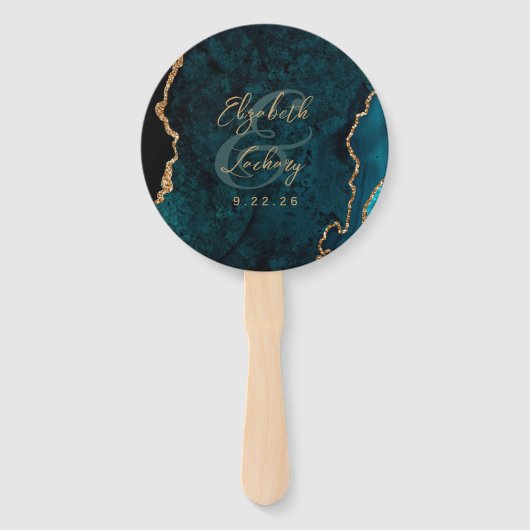 Foto Aquamarin Blue Gold Agate Script Hochzeit Fächer (Rückseite)