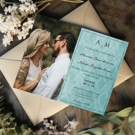 Foto Aquamarin Damask Monogram Wedding Einladung