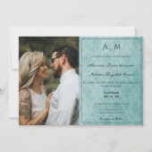 Foto Aquamarin Damask Monogram Wedding Einladung (Vorderseite)