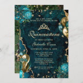 Foto Aquamarin Gold Floral Agate Quinceanera Einladung (Vorne/Hinten)