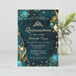 Foto Aquamarin Gold Floral Agate Quinceanera Einladung