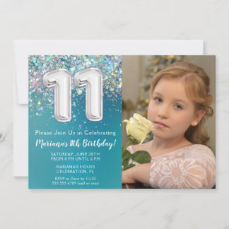 Foto Aquamarin Silver Glitzer 11. Geburtstag Einladung