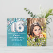 Foto Aquamarin Silver Glitzer 16. Geburtstag Einladung (Stehend Vorderseite)