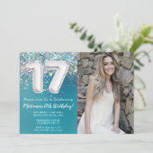 Foto Aquamarin Silver Glitzer 17. Geburtstag Einladung (Stehend Vorderseite)