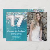 Foto Aquamarin Silver Glitzer 17. Geburtstag Einladung (Vorne/Hinten)