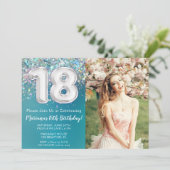 Foto Aquamarin Silver Glitzer 18. Geburtstag Einladung (Stehend Vorderseite)