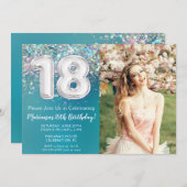 Foto Aquamarin Silver Glitzer 18. Geburtstag Einladung (Vorne/Hinten)