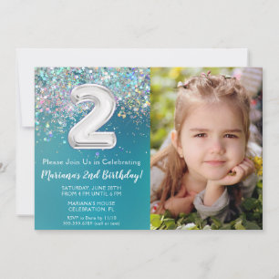 Foto Aquamarin Silver Glitzer 2. Geburtstag Einladung