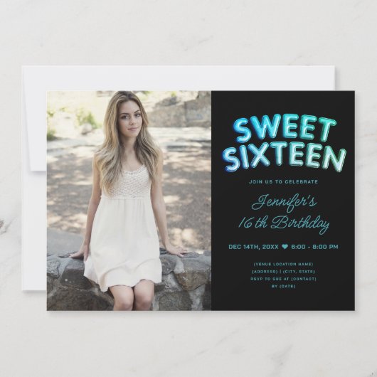 Foto Aquamarin Türkis Schwarze Balloons Süß 16 Einladung (Vorderseite)