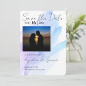 Foto Aquarell Modernes lila Blau Save the Date Einladung (Stehend Vorderseite)
