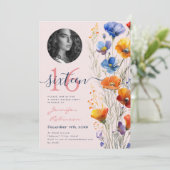 FOTO Aquarell Wildblumen Sweet 16 Blush Einladung (Stehend Vorderseite)