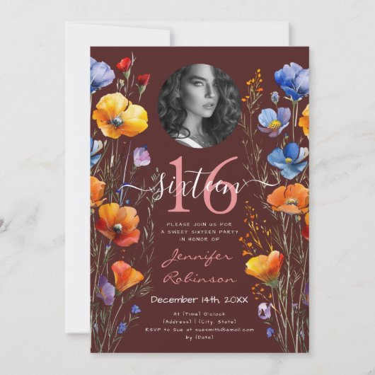 FOTO Aquarell Wildblumen Sweet 16 Burgund Einladung (Vorderseite)