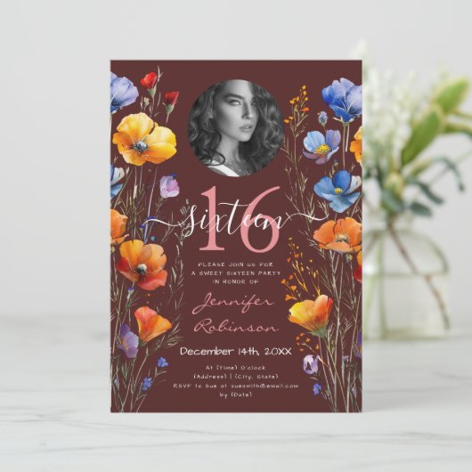 FOTO Aquarell Wildblumen Sweet 16 Burgund Einladung (Stehend Vorderseite)