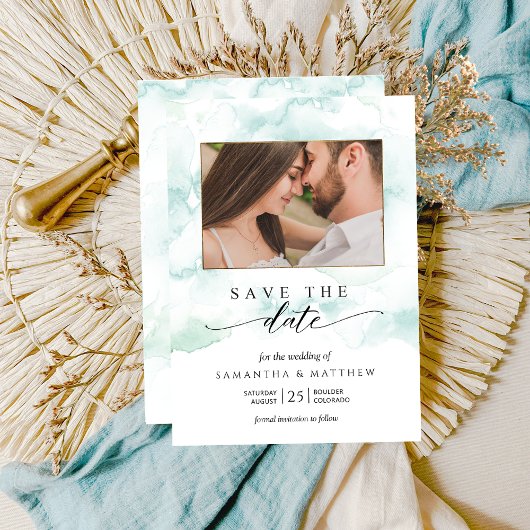 Foto, Aquarellblau, Türkis und Grün Save The Date
