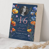 FOTO Aquarellfarben Wildblumen Sweet 16 Navy Blue Einladung