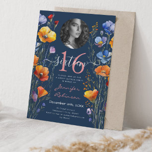 FOTO Aquarellfarben Wildblumen Sweet 16 Navy Blue Einladung