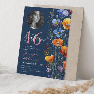 FOTO Aquarellfarben Wildblumen Sweet 16 Navy Blue Einladung