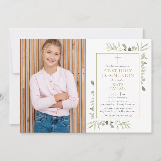 Foto Aquarellgrün Erste Heilige Kommunion Einladung (Vorderseite)