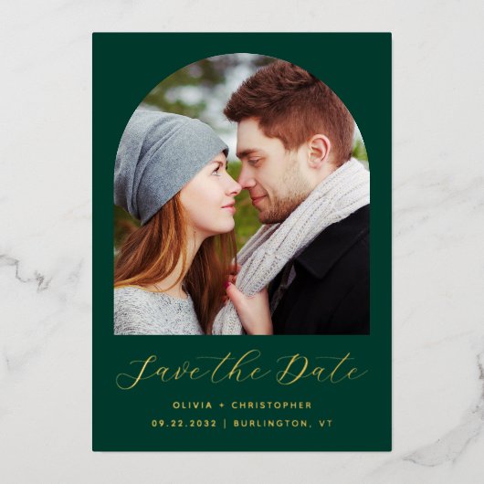 Foto Arch Emerald Green Gold Save the Date Folieneinladung (Vorderseite)