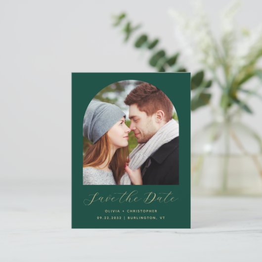 Foto Arch Emerald Green QR-Code Save the Date Postkarte (Stehend Vorderseite)