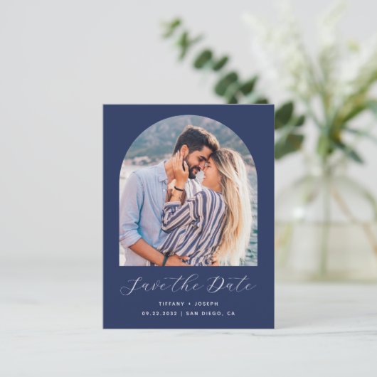 Foto Arch QR Code Navy Blau Save the Date Postkarte (Stehend Vorderseite)