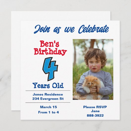 Foto auf 4-jährige Junge Party Einladung (Vorne/Hinten)